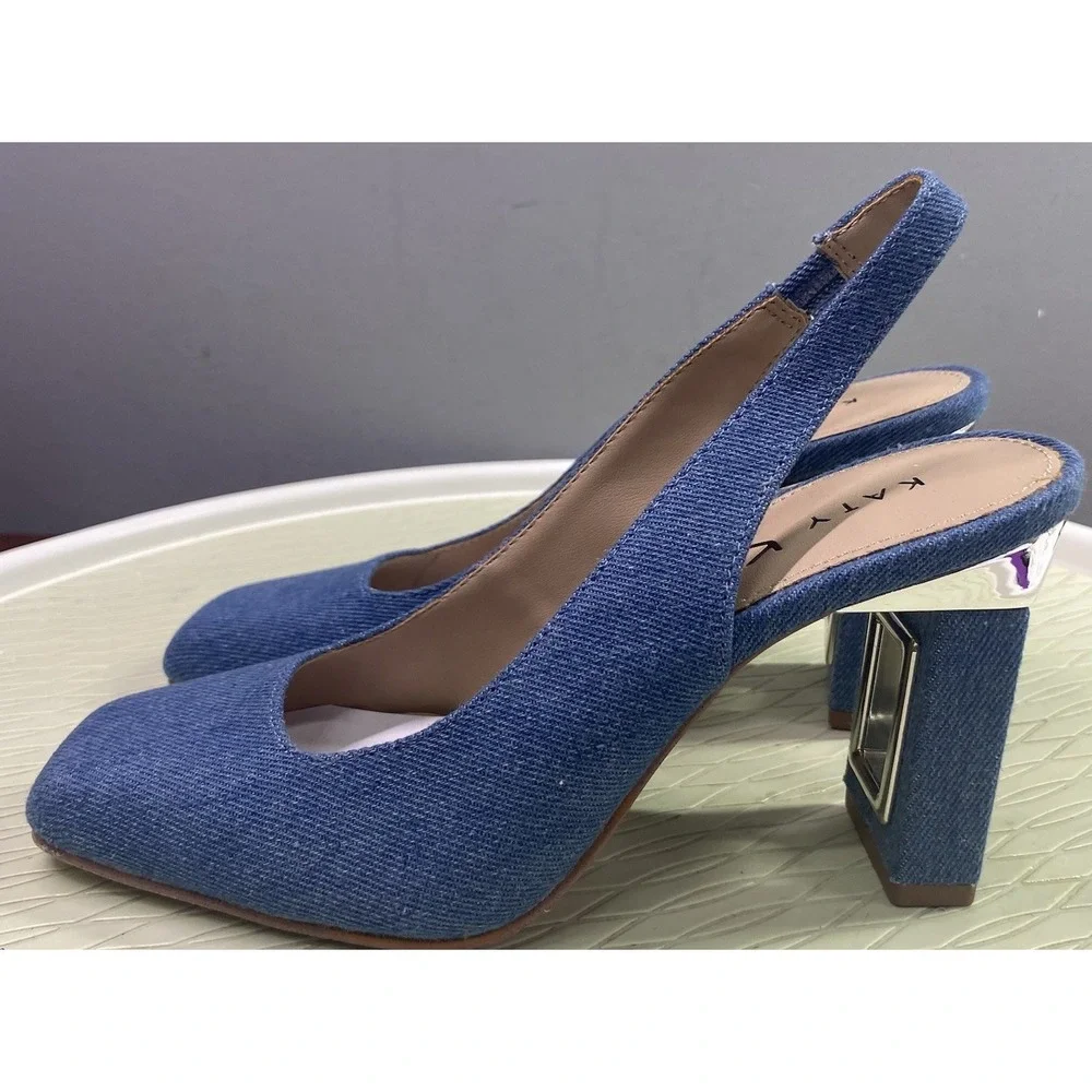 Katy Perry Women Denim Blue Dress Shoes Sling Back Silver Hollow Heel 5.5 M